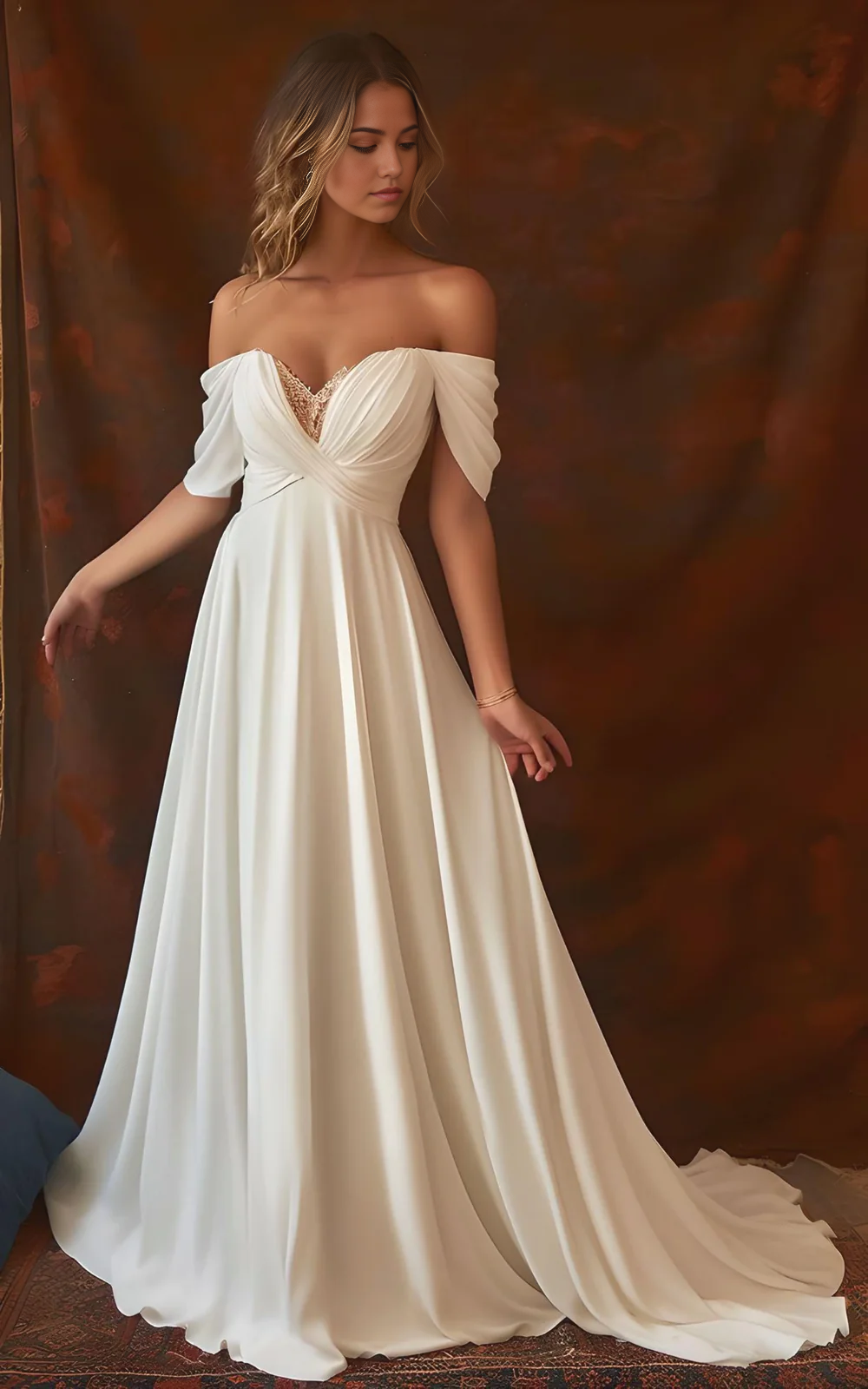 Wholesa A-Line Off-the-Shoulder Chiffon Ruching Floor Length Sleeveless Wedding Dress
